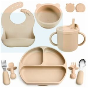 Silicone Baby Feeding Set - 8Pcs Baby Led Weaning Supplies Toddlers Weaning Feeding Sippy Cup with Straw and Lid Baby Feeding Supplies Set